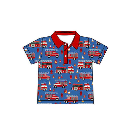 ( Moq 5 ) Preorder Baby Boy Kids Short Sleeves Fire Trucks Buttons Shirt Tops