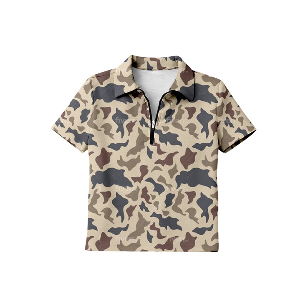 ( Moq 5 ) Preorder Baby Boys Kids Short Sleeves Light Brown Camo Zipper Pullover Shirt Tops