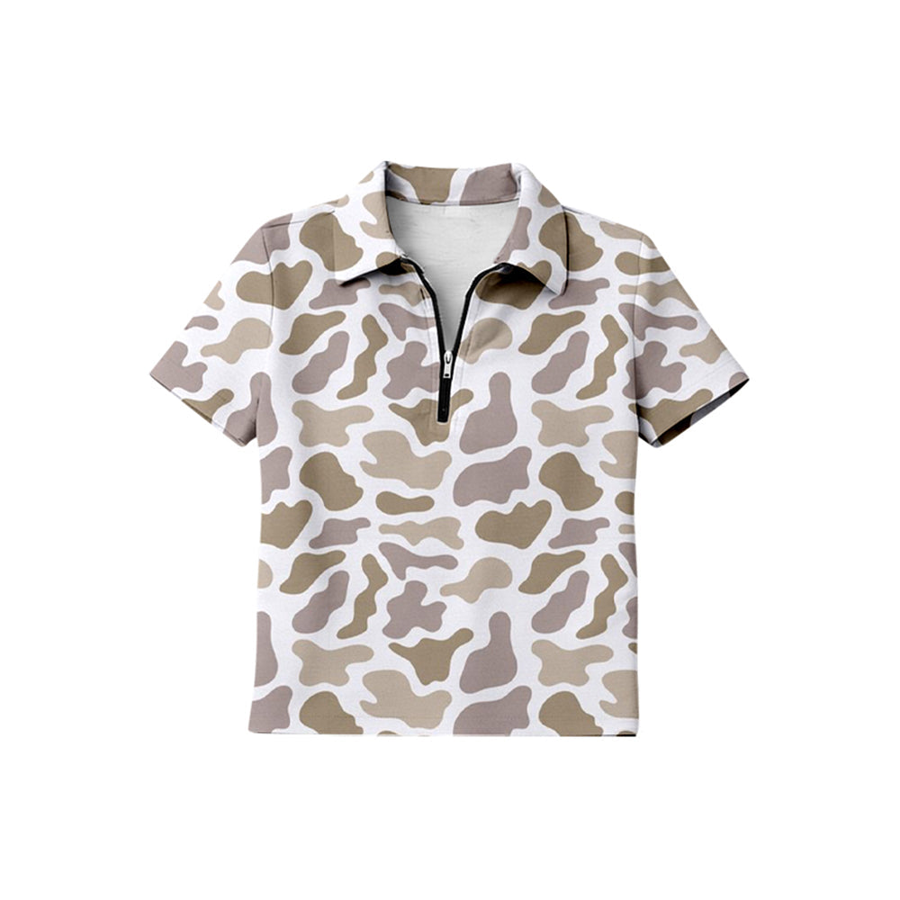 ( Moq 5 ) Preorder Baby Boys Kids Short Sleeves Khaki Camo Zipper Pullover Shirt Tops