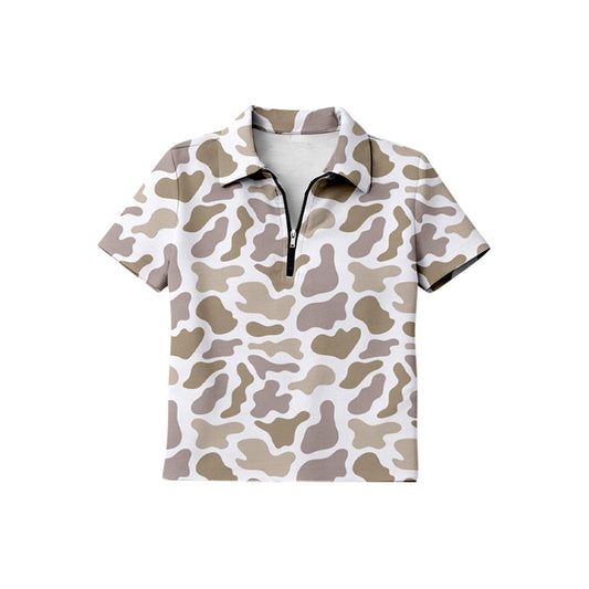 ( Moq 5 ) Preorder Baby Boys Kids Short Sleeves Khaki Camo Zipper Pullover Shirt Tops