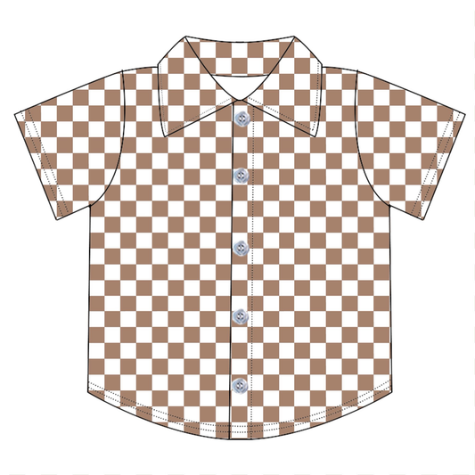 ( Moq 5 ) Preorder Baby Boys Kids Short Sleeves Khaki Checked Buttons Shirt Tops