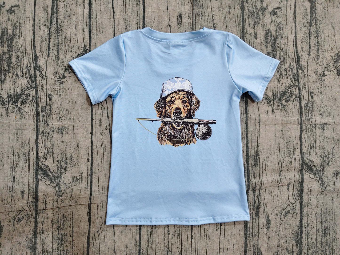 ( No moq ) Preorder Baby Boys Kids Short Sleeves Dog Fishing Blue Shirt Tops