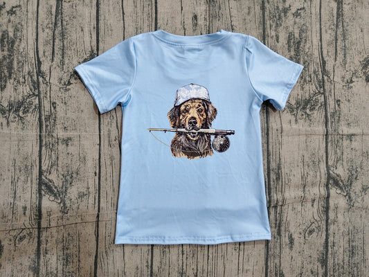 ( No moq ) Preorder Baby Boys Kids Short Sleeves Dog Fishing Blue Shirt Tops