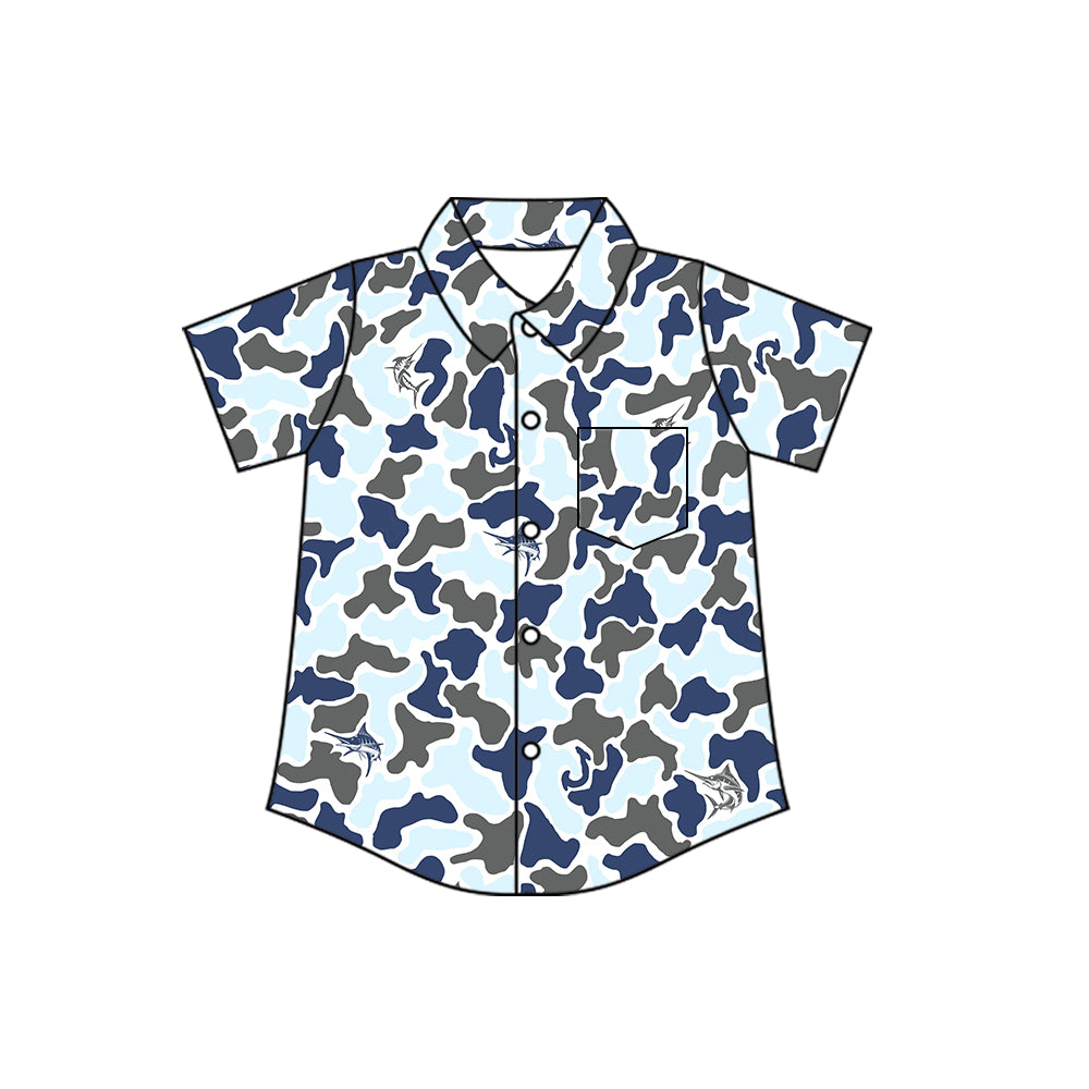 ( Moq 5 ) Preorder Baby Boys Toddler Short Sleeves Buttons Pocket Shirt Blue Camo Tops