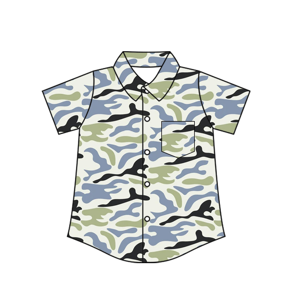 ( Moq 5 ) Preorder Baby Boys Toddler Short Sleeves Buttons Pocket Shirt Green Grey Camo Tops