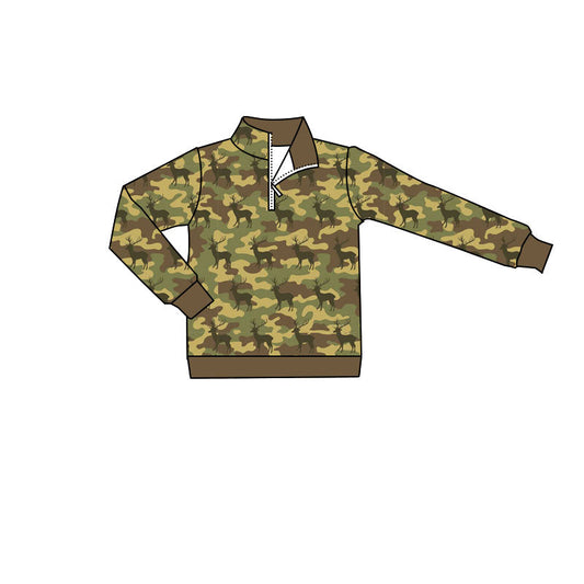 ( Moq 5 ) Preorder Baby Boys Kids Long Sleeves Deer Zipper Shirt Hunting Pullovers Camo Clothes