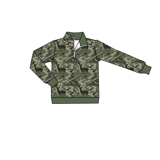 ( Moq 5 ) Preorder Baby Boys Kids Long Sleeves Deer Zipper Shirt Green Camo Pullover Clothes