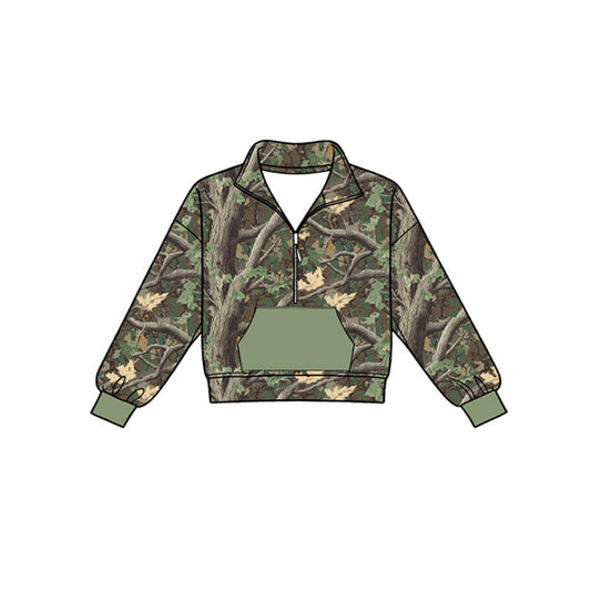 ( Moq 5 ) Preorder Baby Boys Kids Long Sleeves Zipper Green Pocket Pullover Leaves Shirt