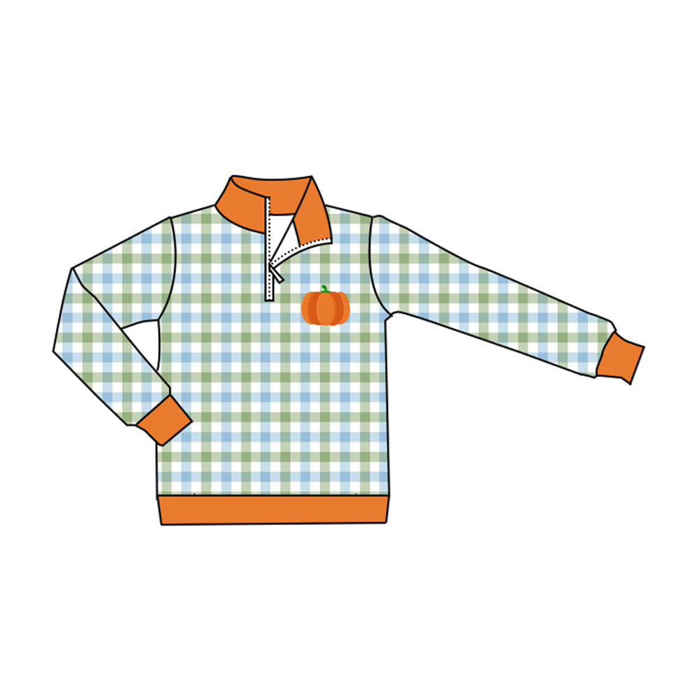 ( Moq 5 ) Preorder Baby Boys Kids Long Sleeves Pumpkin Plaid Zipper Pullover Fall Shirt