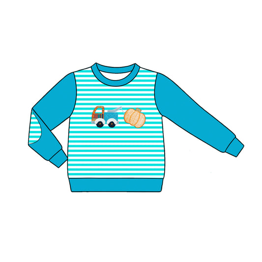 ( Moq 5 ) Preorder Baby Boys Kids Long Sleeves Stripes Pumpkin Truck Blue Shirt Fall Clothes