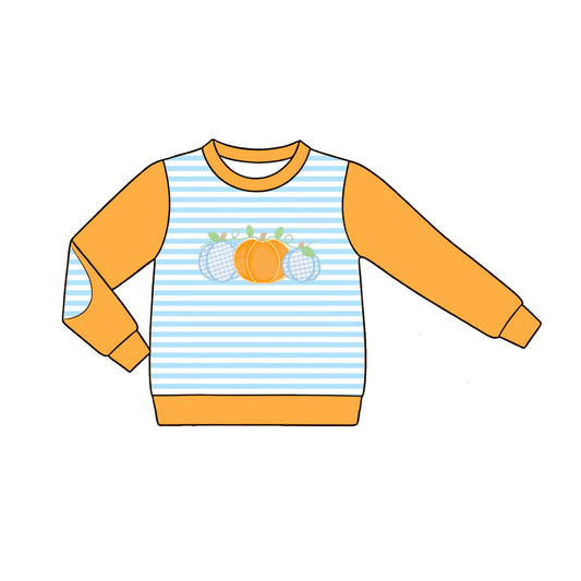 ( Moq 5 ) Preorder Baby Boys Kids Orange Long Sleeve Stripes Pumpkins Shirt Fall Clothes