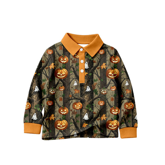 ( Moq 5 ) Preorder Baby Boys Kids Long Sleeves Halloween Pumpkins Buttons Shirt Tops Leaves Clothes