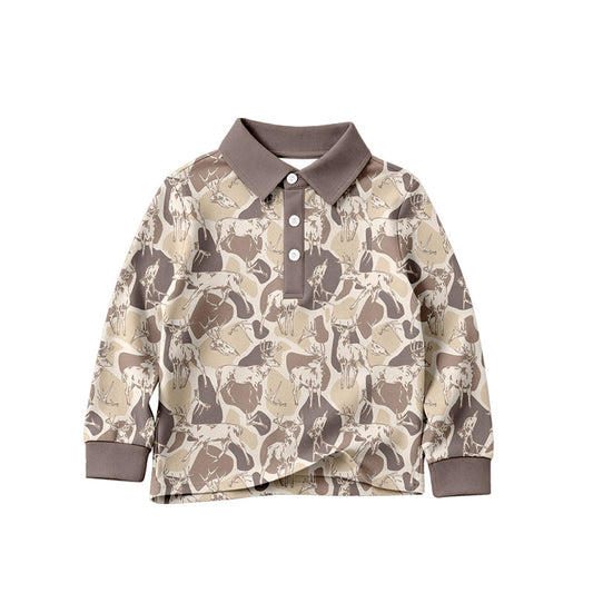 ( Moq 5 ) Preorder Baby Boys Kids Long Sleeves Camo Deer Buttons Shirt Tops Khaki Clothes