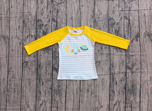 ( No moq ) Preorder Baby Boys Kids Yellow Long Sleeves Embroidery Stripes Pullover Shirt Clothes