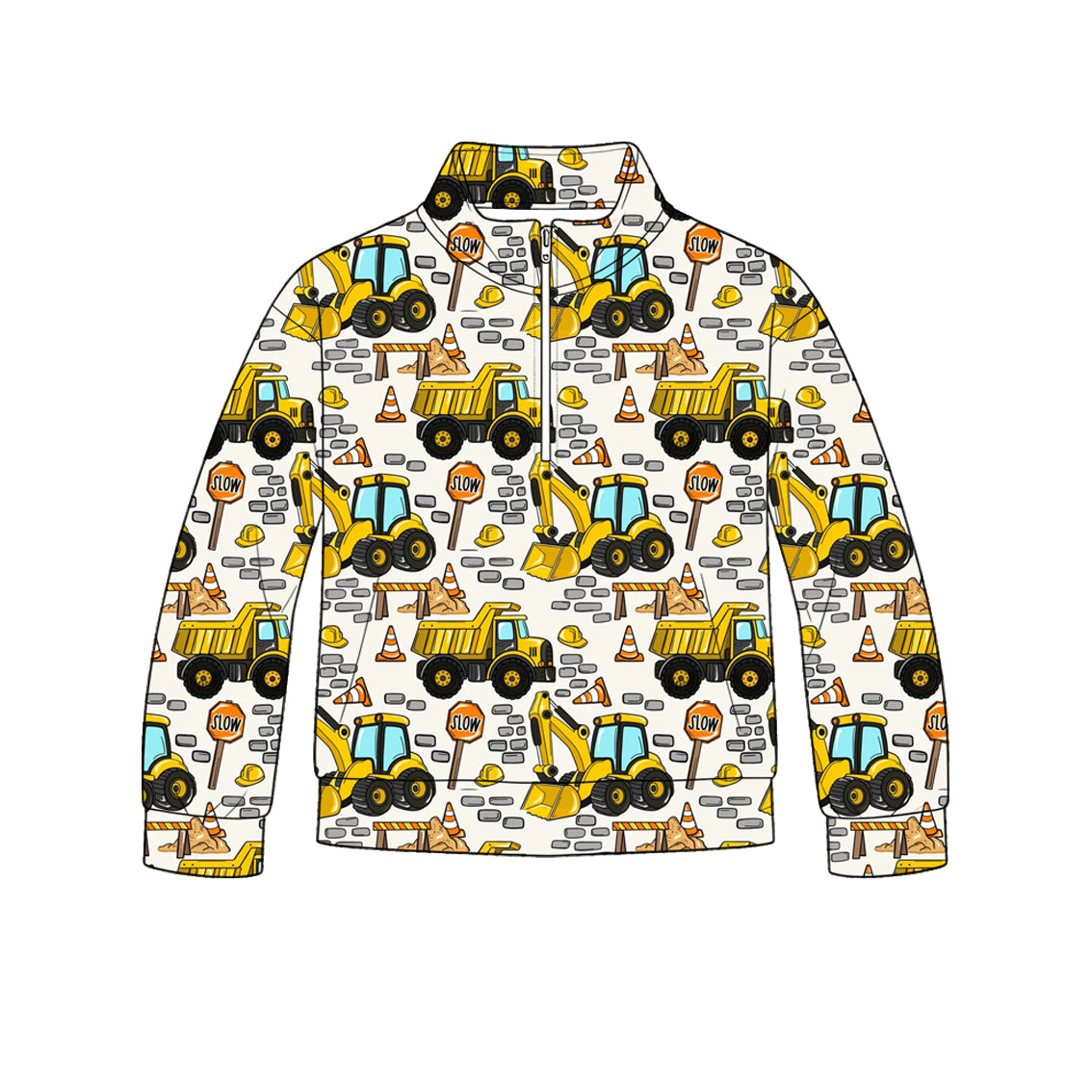 ( Moq 5 ) Preorder Baby Boys Kids Long Sleeves Yellow Trucks Zipper Pullover Shirt