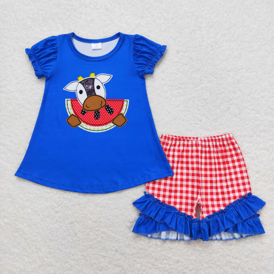 Baby Girl Short Sleeves Cow Watermelon Blue Tops Plaid Shorts Summer Set