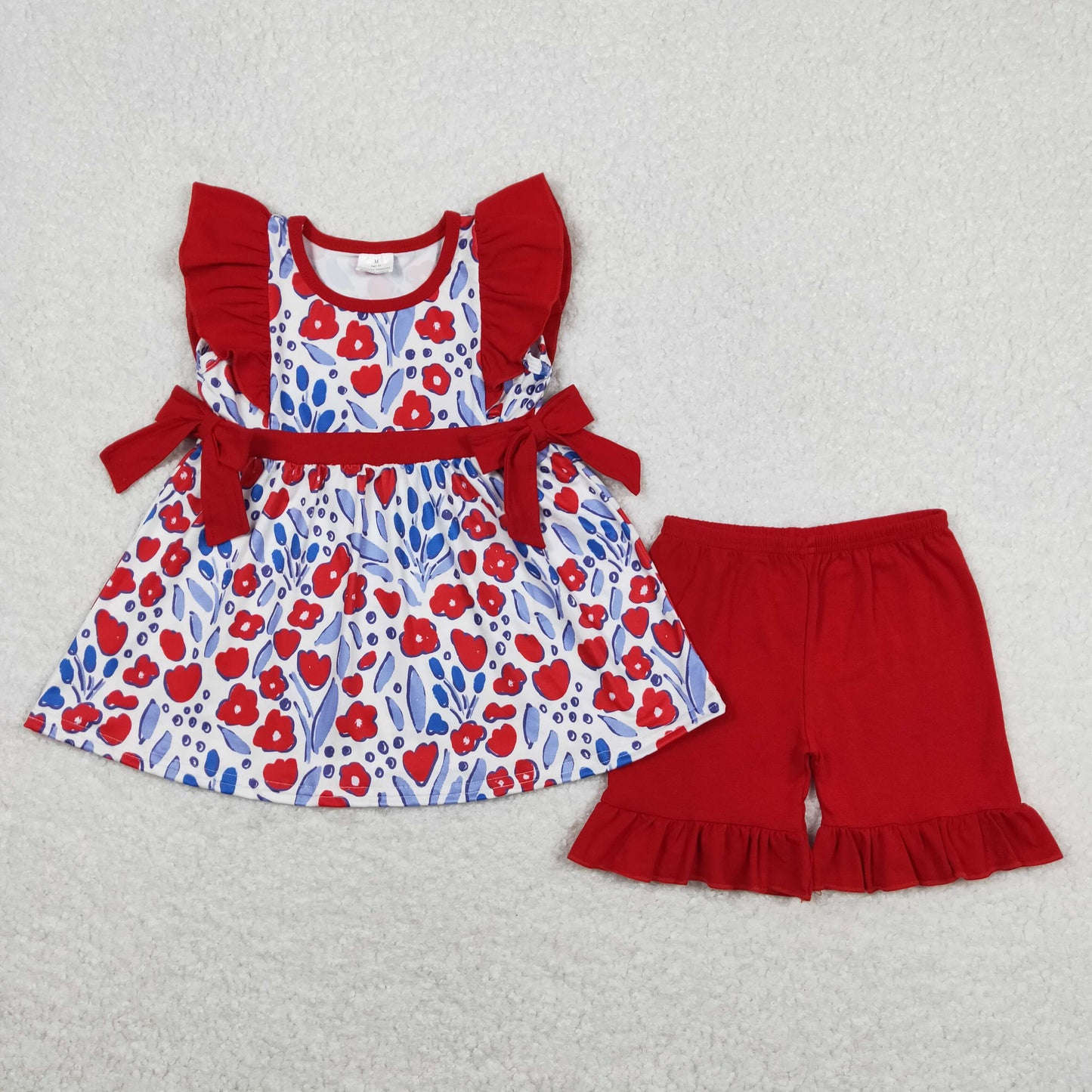 Baby Girl Short Sleeves Floral Tunic Red Cotton Shorts July 4th Set