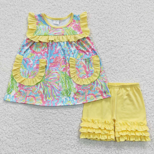 GSSO0337 Baby Girl Summer Floral Pocket Tunic Yellow Cotton Ruffle Shorts Outfit