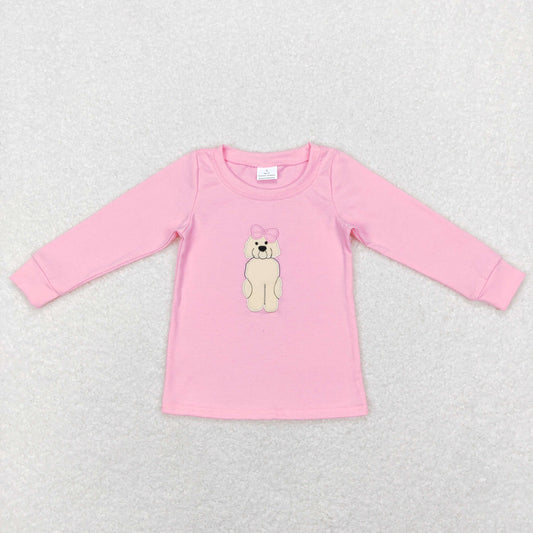 GT0408 Baby Kids Embroidery Dog Pink Cotton Tops Shirt