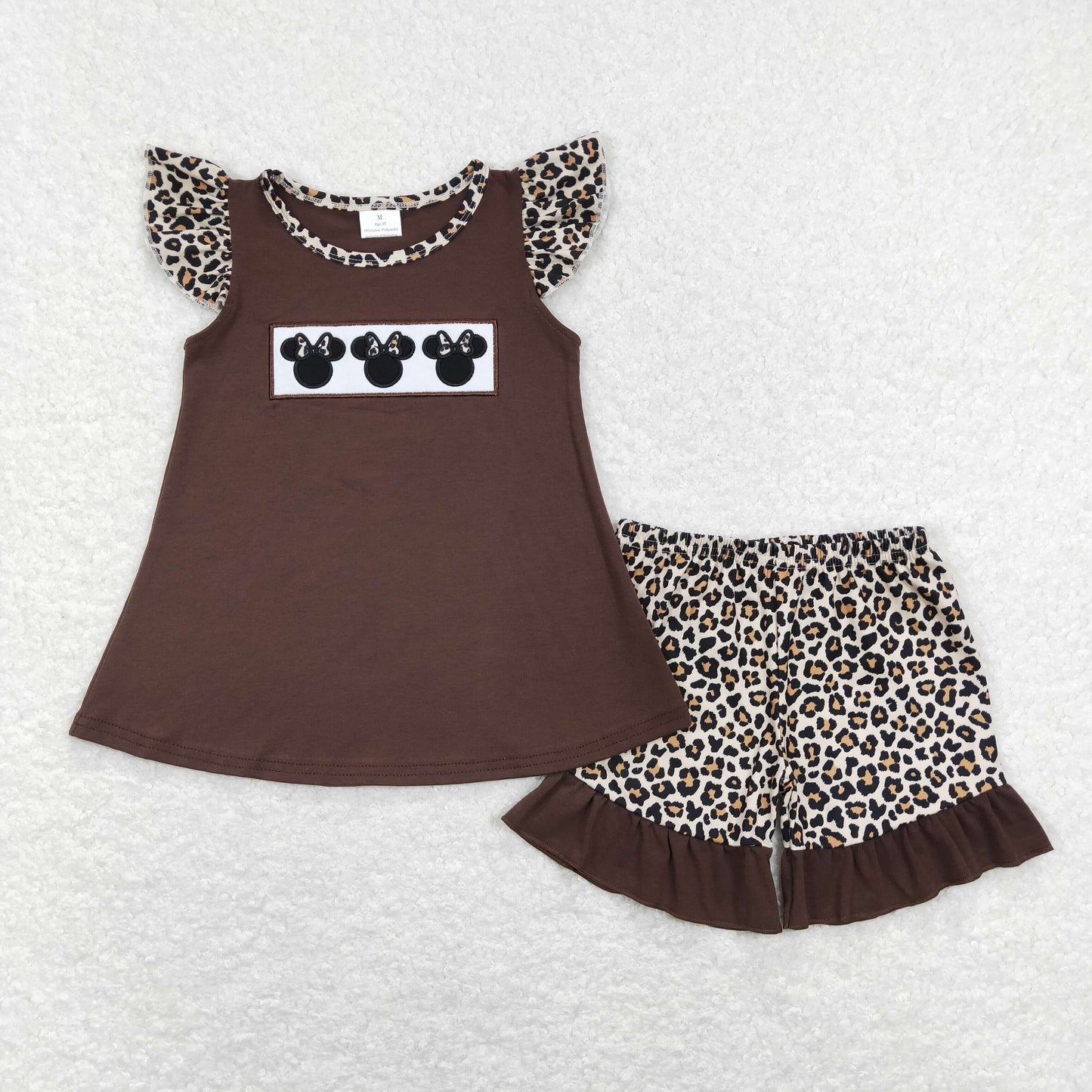 GSSO0424 Baby Girl Short Sleeves Embroidery Cartoon Tops Leopard Shorts Set