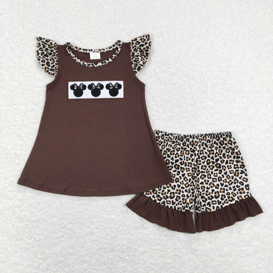 GSSO0424 Baby Girl Short Sleeves Embroidery Cartoon Tops Leopard Shorts Set