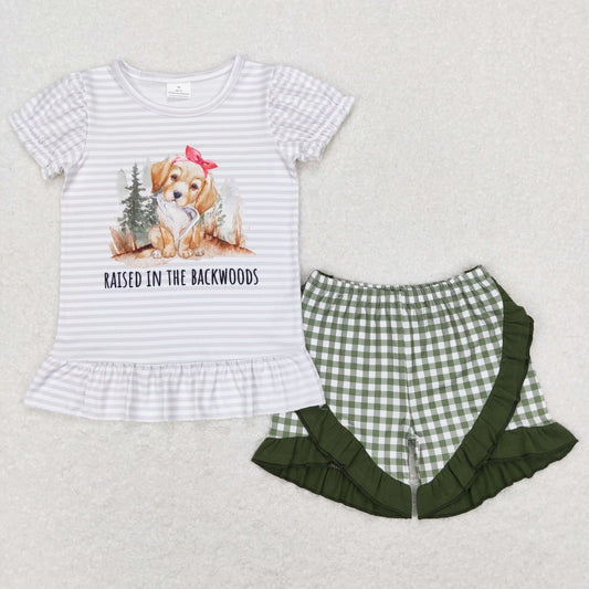 GSSO0417 Baby Girl Dog Shirt Green Plaid Ruffle Shorts Summer Set