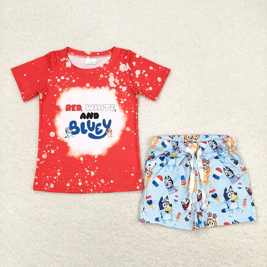 Baby Boy Short Sleeves Red Shirt Dogs Blue Shorts July 4th Set