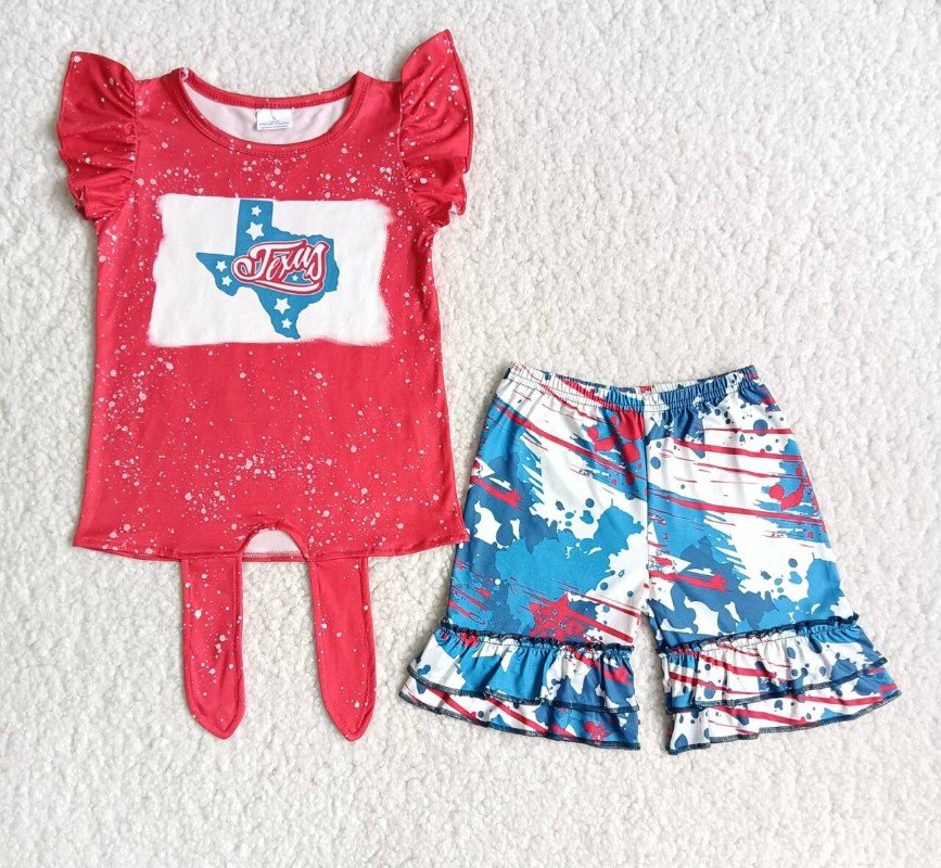 Promotion Baby Girl Summer July 4th Red Shirt Ruffle Shorts Outfit