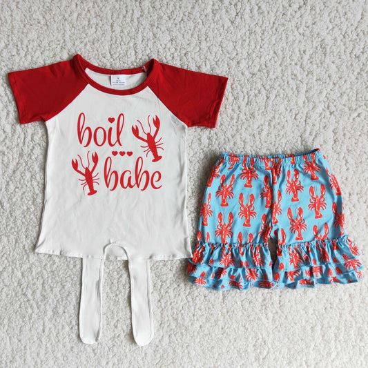 Promotion Baby Girl Summer Shirt Ruffle Crawfish Shorts Outfit