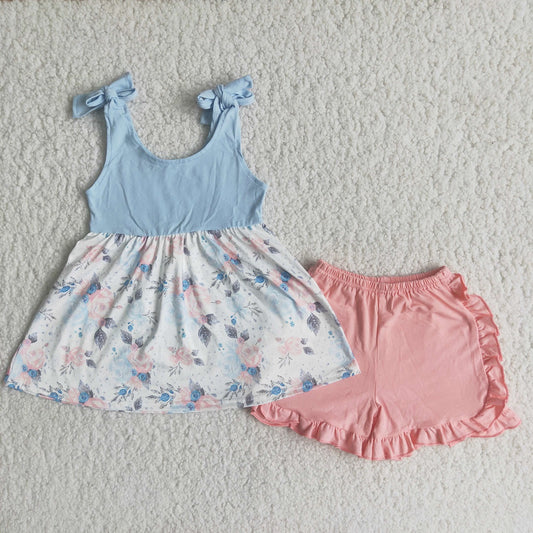 Promotion Baby Girl Sleeveless Floral Tunic Pink Ruffle Shorts Summer Outfit