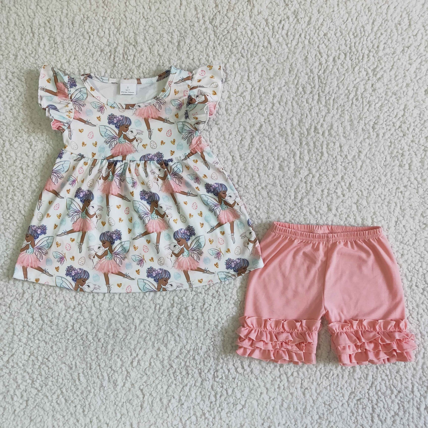 Promotion Baby Girl Short Sleeves Dance Tunic Pink Shorts Set