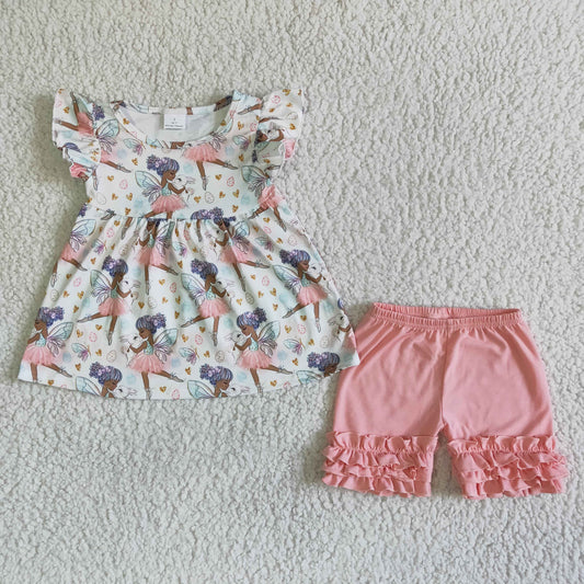 Promotion Baby Girl Short Sleeves Dance Tunic Pink Shorts Set