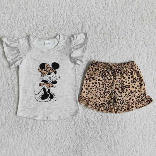 Promotion Baby Girl Short Sleeves Mouse Shirt Leopard  Shorts Summer Outfit