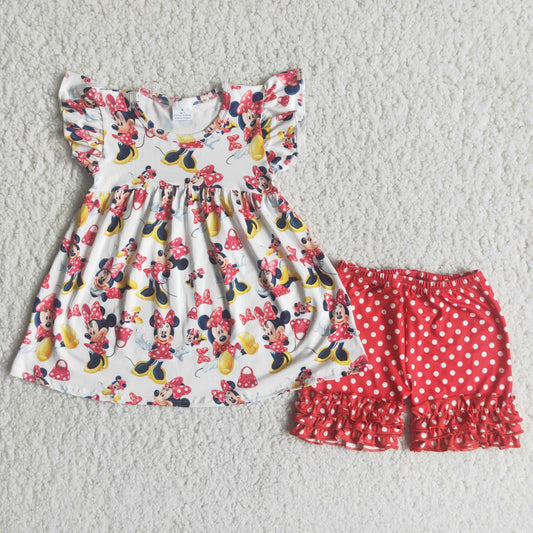 Promotion Baby Girl Short Sleeves Tunic Ruffle Dots Shorts Outfit RTS