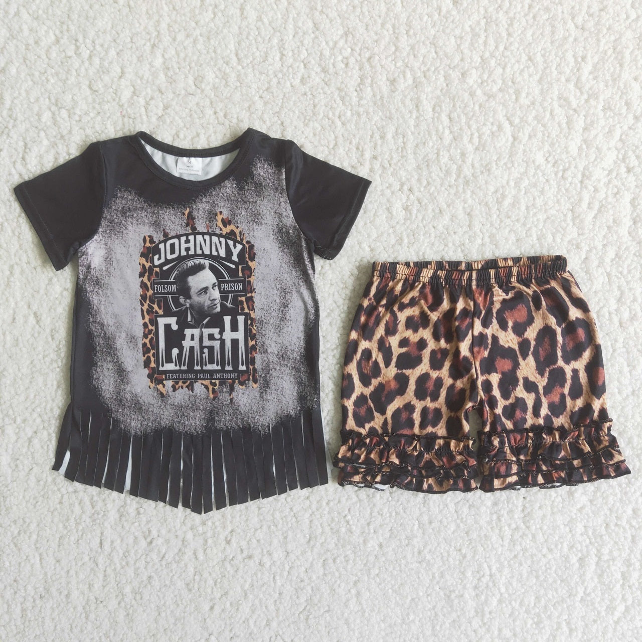 Promotion Baby Girl Short Sleeves Singer Shirt Leopard Shorts Outfit