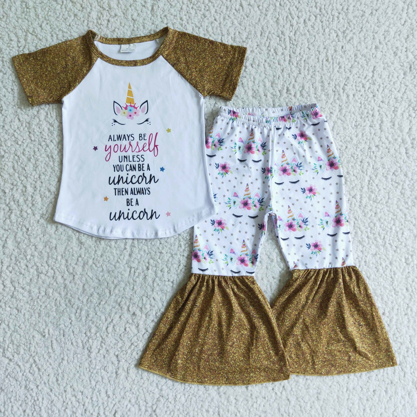 Promotion C0-22 Baby Girl Unicorn Short Sleeves Shirt Bell Pants Outfit