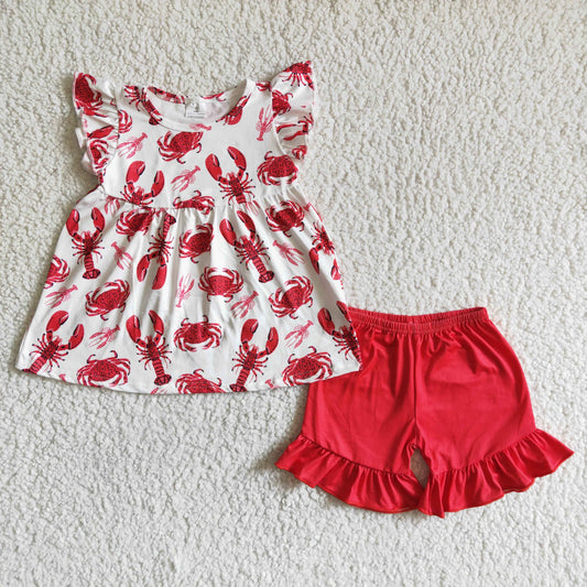 Promotion Baby Girl Short Sleeves Crawfish Crabs Tunic Red Shorts Set RTS