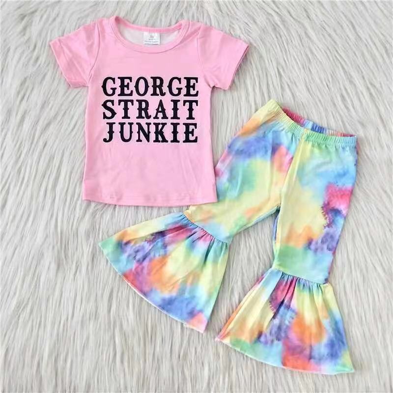 Promotion Baby Girl Short Sleeves Shirt Tie Dye Bell Pants Outfit