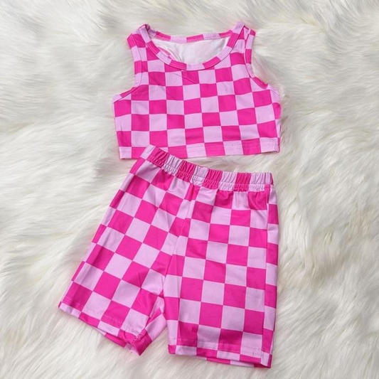 Moq 3 Pre-order GSSO0761 Baby Girl Sleeveless Vest Checkered Shorts Summer Pink Set