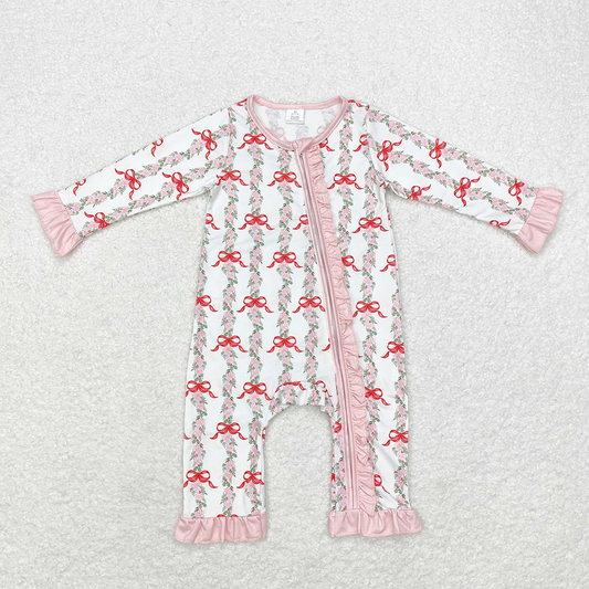 Baby Girl Christmas Bows Long Sleeves Zipper Bamboo Romper