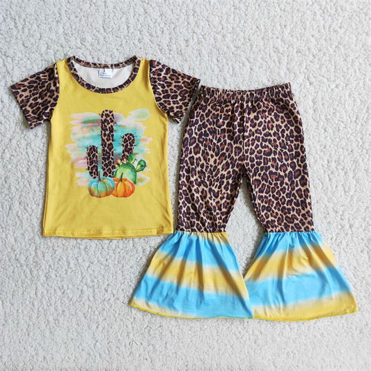 Promotion Baby Girl Short Sleeves Pumpkin Cactus Leopard Bell Pants Outfit