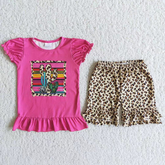 Promotion Baby Girl Short Sleeves Cactus Shirt Leopard Shorts Outfit