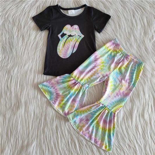 Promotion Baby Girl Short Sleeves Shirt Tie Dye Bell Pants Set