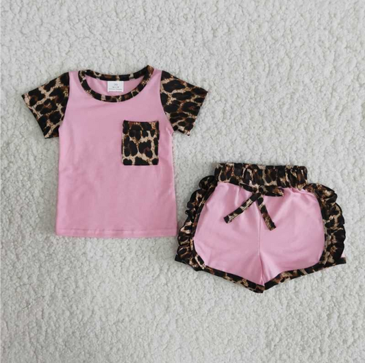 Promotion Baby Girl Short Sleeves Pink Pocket Leopard Shorts Outfit RTS