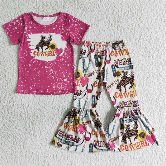 Promotion Baby Girl Short Sleeves Shirt Bell Pants Western Outfit