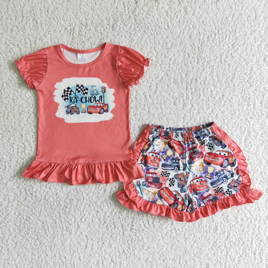 Promotion Baby Girl Short Sleeves Car Shirt Shorts Set Clothes RTS