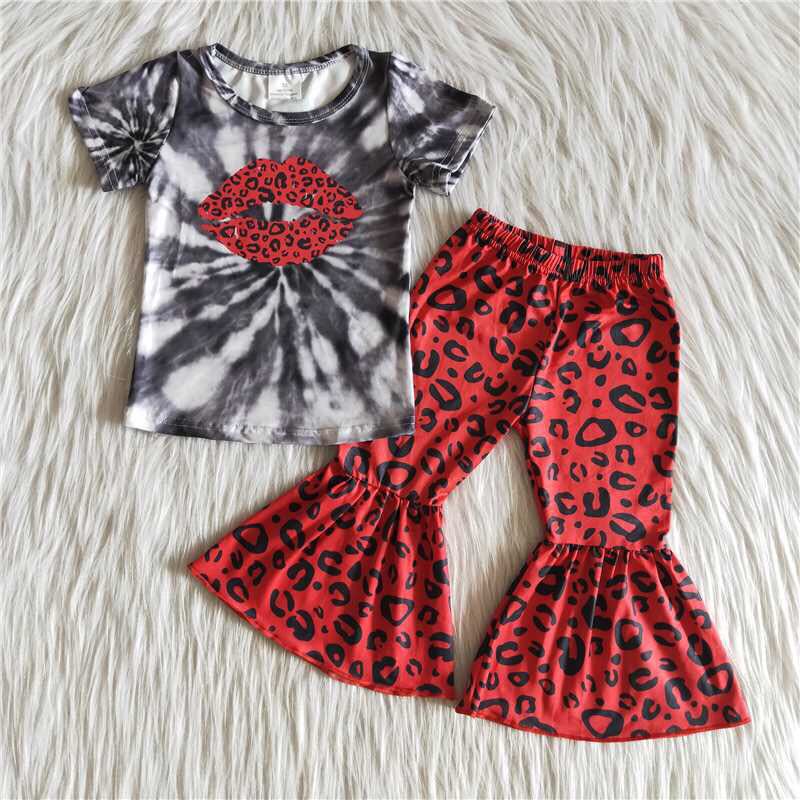 Promotion Baby Girl Short Sleeves Mouth Shirt Leopard Bell Pants Outfit RTS