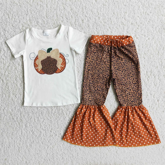 Promotion C10-14 Baby Girl Short Sleeves Pumpkin Shirt Leopard Bell Pants Fall Outfit