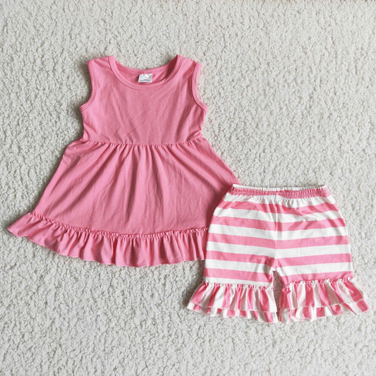 Promotion Baby Girl Pink Sleeveless Cotton Tunic Stripes Shorts Summer Outfit