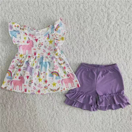 Promotion Baby Girl Summer Unicorn Shirt Purple Ruffle Cotton Shorts Set